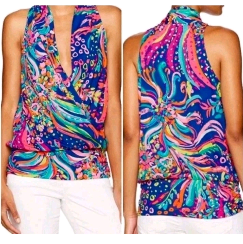 Lilly Pulitzer Womens Tank Top XS Heron Beach Loot Sleeveless Faux Wrap Drape